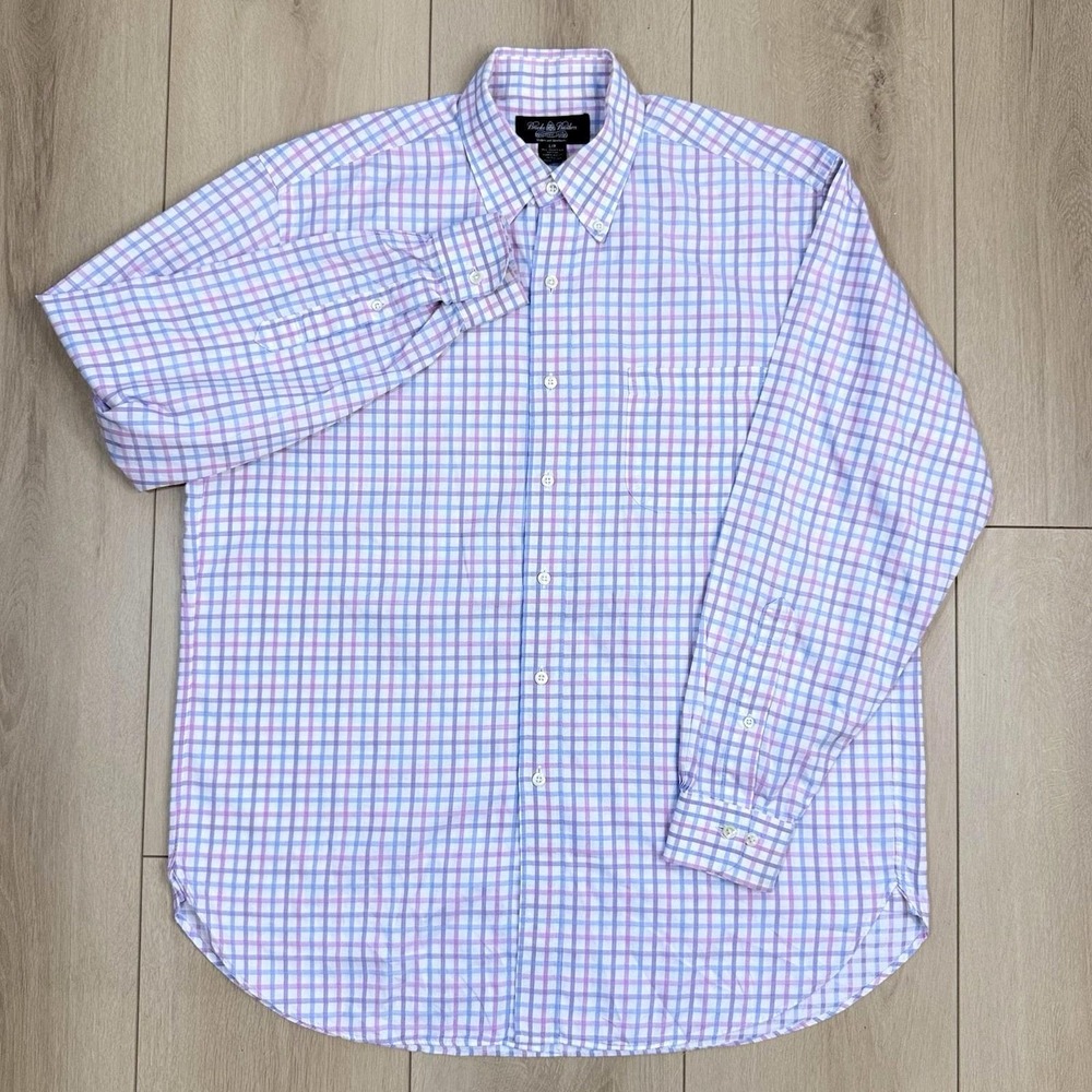 VTG Brooks Brothers L/R‎ Pink Blue Plaid Egyptian Cotton Made USA Italian Fabric